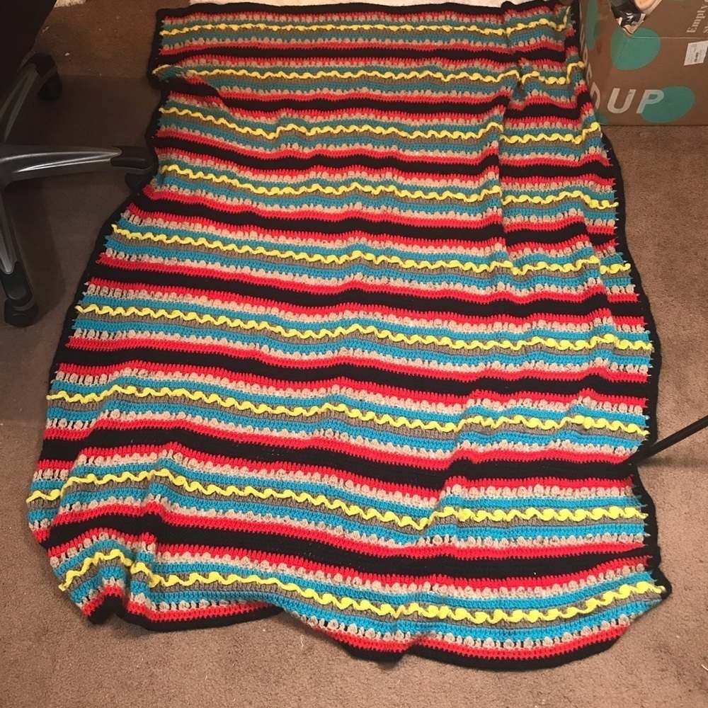 Handmade Vintage Crochet Afghan – Multicolor Striped Throw 52x64